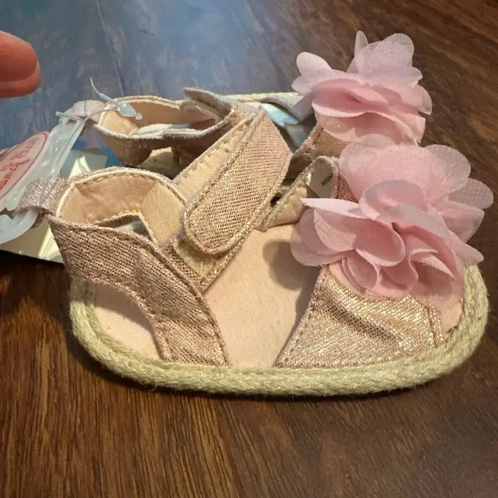 NWT Rising Star Baby Girl Pink Flower Sandal 3-6 Months Pre-walker Tan Metallic